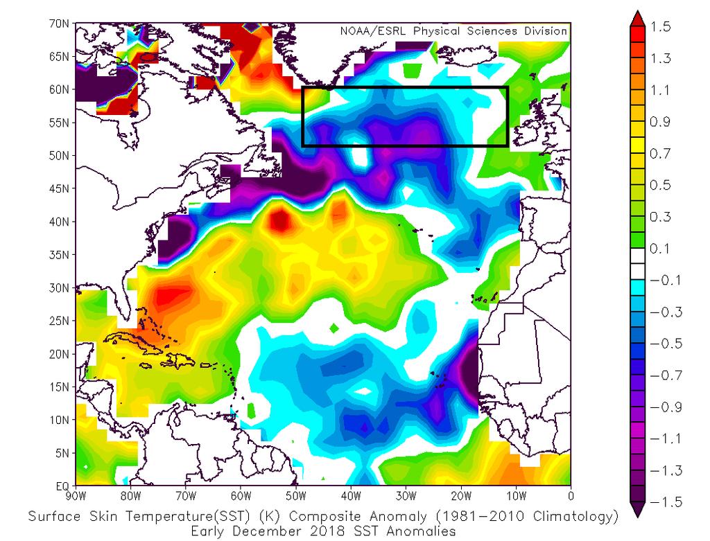 Figure 5: Current SST anomalies across the North Atlantic Ocean. The black box highlights the region where we measure SSTs for our AMO index.