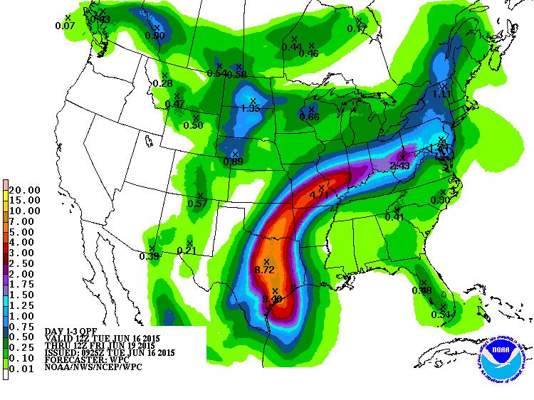 It is now Tuesday, June 16, 2015 the day before the remnants of the storm are expected to enter Oklahoma. You see this 3-day rainfall map from the NWS Weather Prediction Center. Question 4.