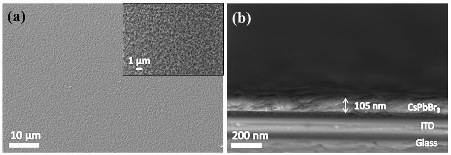Figure S8. SEM image of a) CsPbBr 3 QDs thin film. The inset shows a high-resolution image.