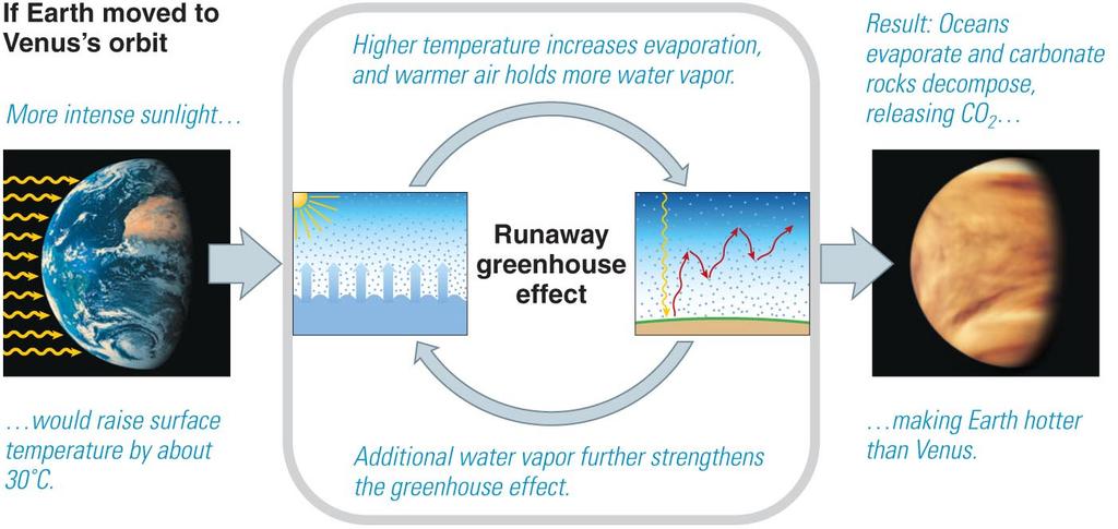 Runaway Greenhouse Effect Runaway greenhouse effect would account for why Venus has so little water Thought Question What is the main reason why Venus is hotter than Earth?