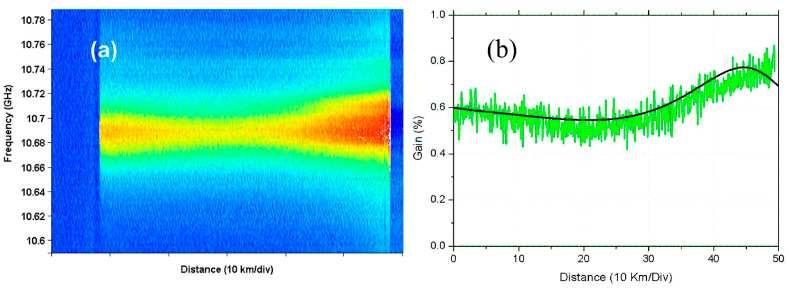 Fig. 5. (a) Experimental gain frequency scan acquired for the 50 km fiber with 20 ns pulses, over-amplifying towards the end of the fiber to compensate the contrast loss due to SPM.