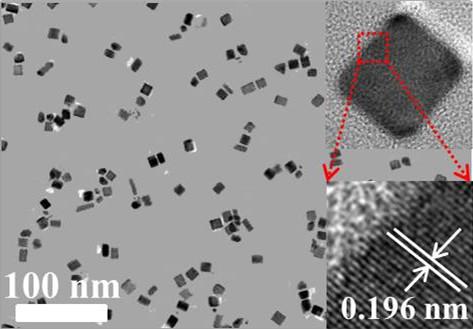 Fig. S6 TEM image of the nanocubes synthesized under the standard experimental condition in the absence of NO 3. A Element Atom % 99.80 0.20 B Element Atom % 95.65 4.