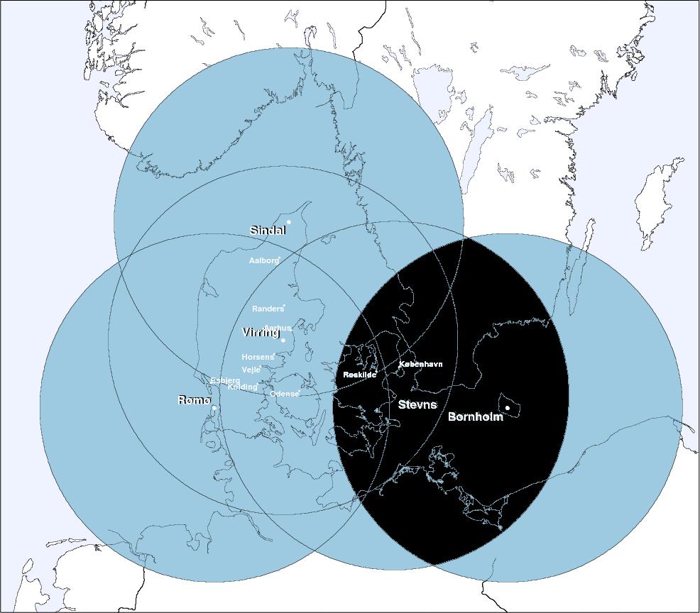 DMI Radar network `old radars : Sindal Rømø Stevns `New radars : Virring Bornholm New radars are