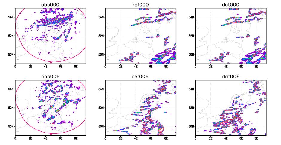 Figure 3. Left column: rainfall rate (in mm/h) as derived in a semi-empirical way from reflectivity data obtained from the Dutch radar stations in De Bilt and Den Helder.