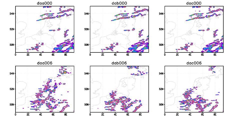 1 mm/h, with blue colours denoting small and red colours denoting high values. The upper and lower column refer to analysis time (16 September 2013, 12:00 UTC) and 6 hours later, respectively.