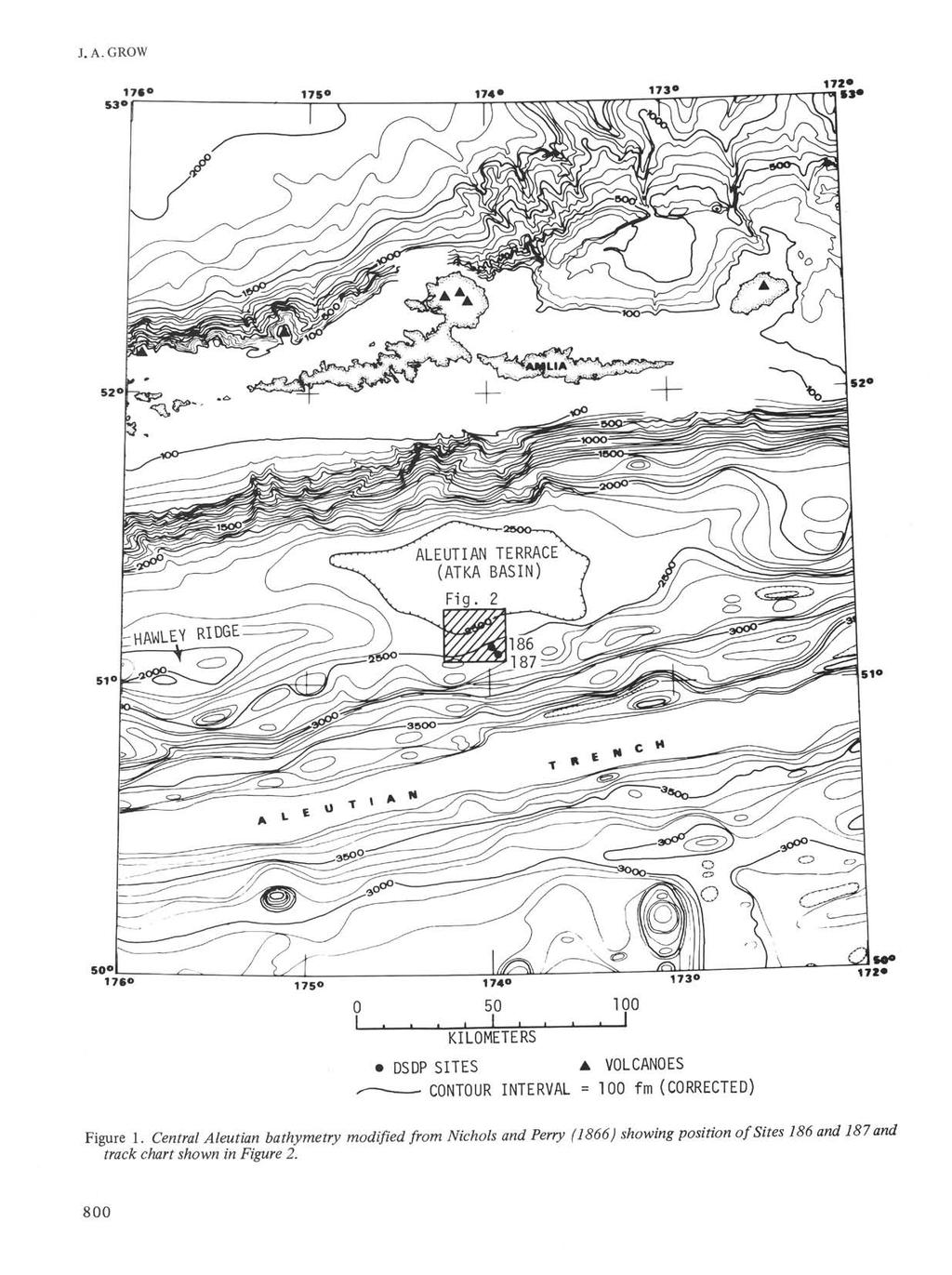 ALEUTIAN TERRACE (ATKA BASIN) 50 176 KILOMETERS DSDP SITES A VOLCANOES CONTOUR INTERVAL = 100 fm (CORRECTED) Figure 1.