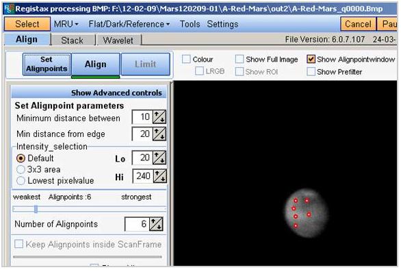 FIGURE 3 You will see from the figure the 6 APS selected and the slider moved to the right a bit. Six points will work fine with this Mars image.