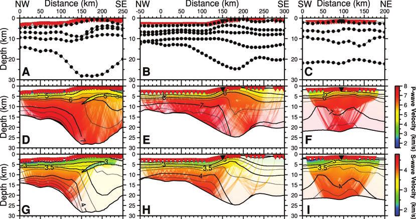 Shear wave analysis of North Atlantic margins 389 Figure 8. Rayinvr (Zelt & Smith 1992) tomographic inversions. Red triangles represent OBSs used.