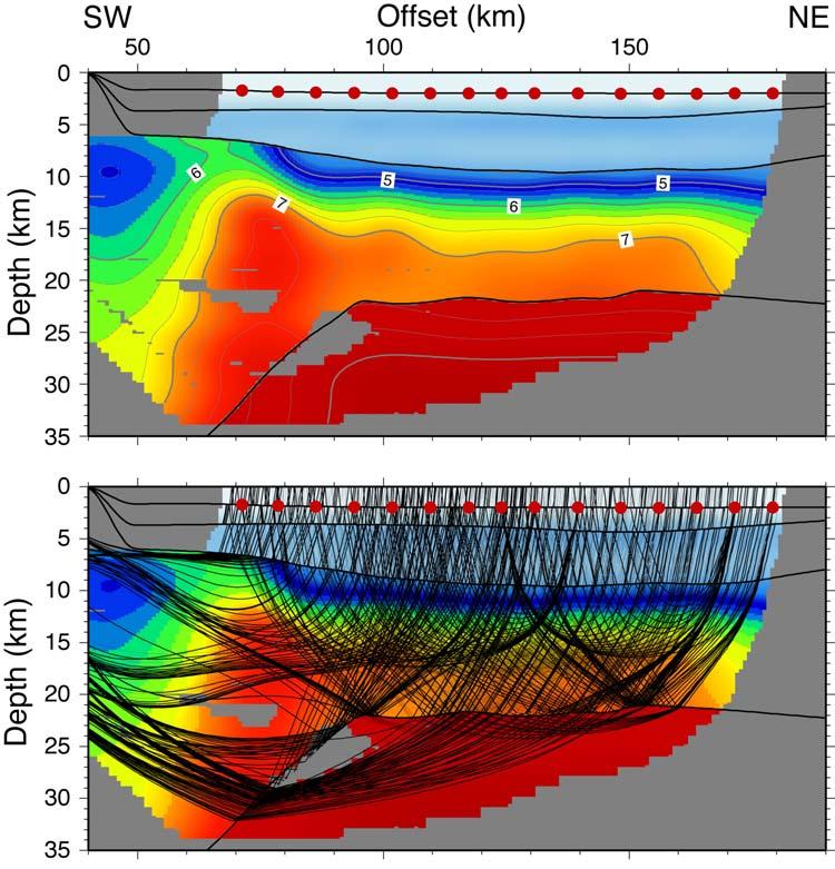 Figure DR3. Velocity model and ray coverage in the crust and mantle along Line 2. Velocities greater than 4.0 km/s are contoured every 0.