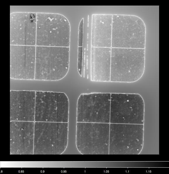 Right: Flat-field image of the SDI filters (the vertical bars of the filter support are visible in the top half of the image), the double Wollaston prism (which produces the four subimages) and the