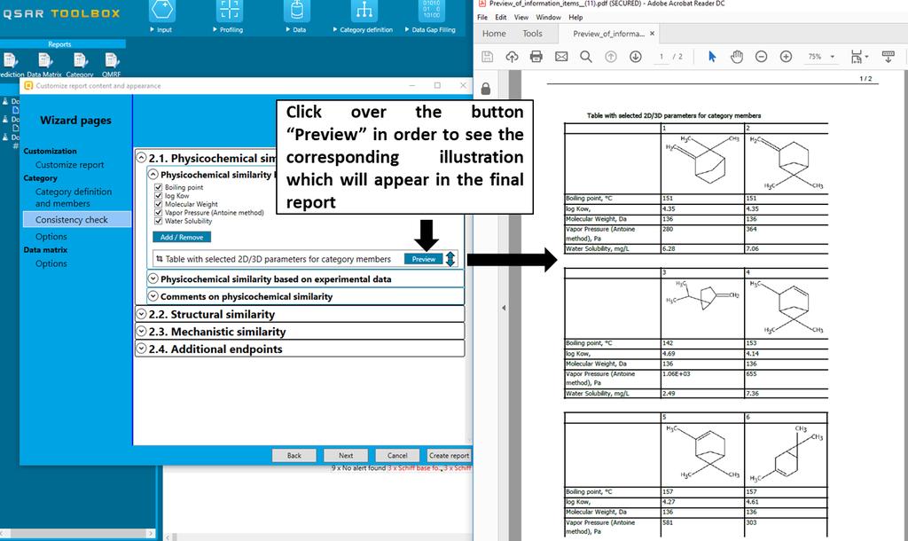 Figure A16. Preview of the reporting item generated for Physicochemical similarity based on calculated parameters It is also possible the reporting items to be customized by the user, e.g. some of the prepared items to be removed, new ones to be arranged or to reorder the appearance of the items for the final report.