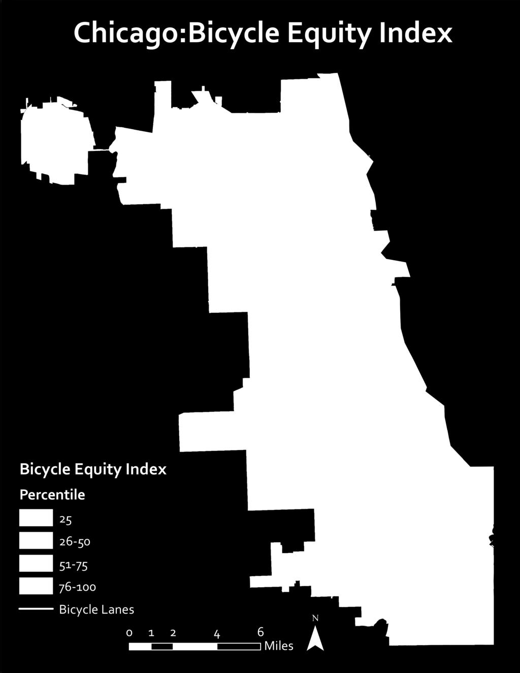 Bicycle Equity Index (BEI) When looking at the socieeconomic characteristics of residents, disadvantaged populations identified by the BEI appear to be located primarily in West Side, Southwest Side,