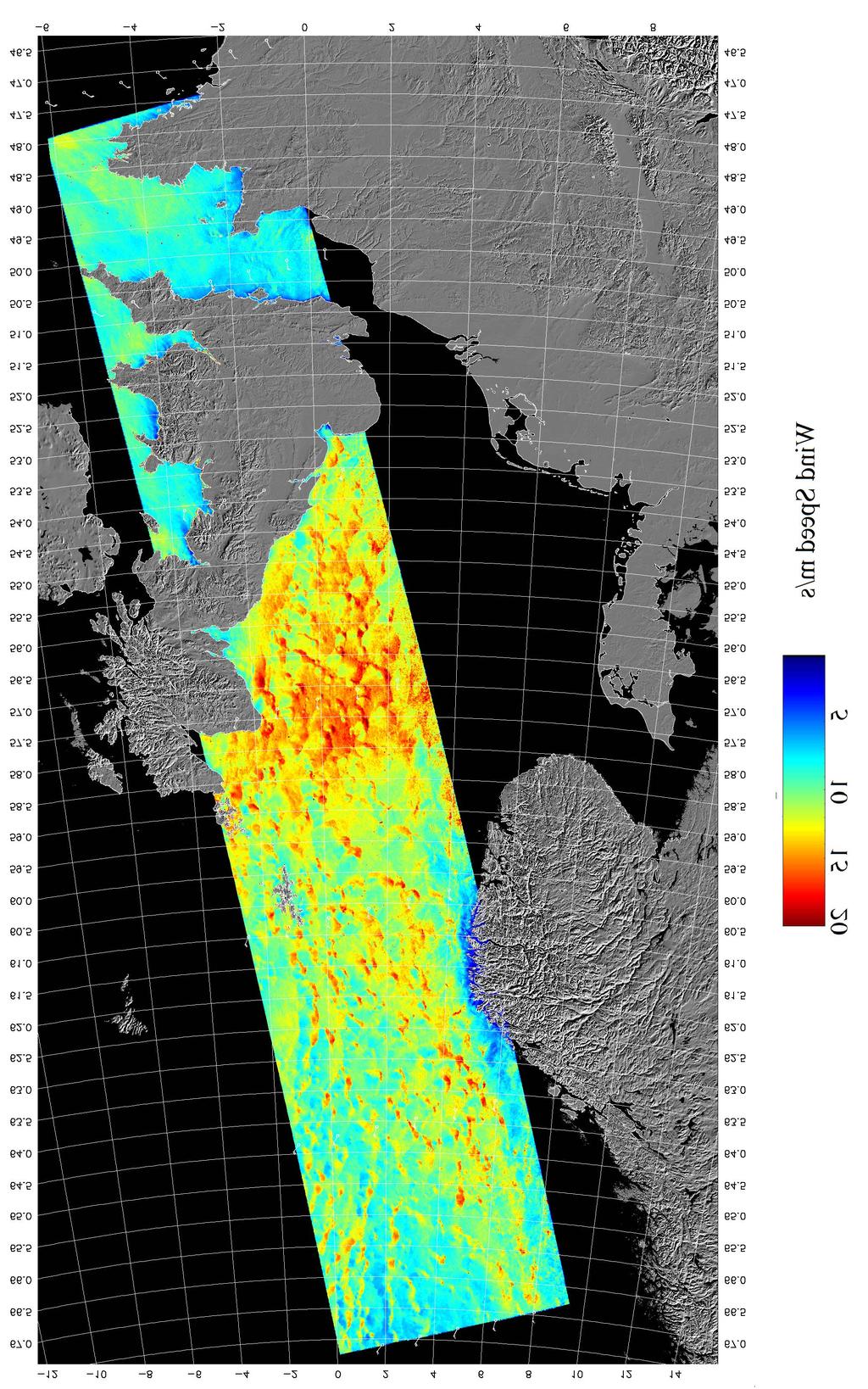 Figure 11: ENVISAT SAR 10 m wind speed on 2006-111 10:26:41 from [43] SAR scenes.