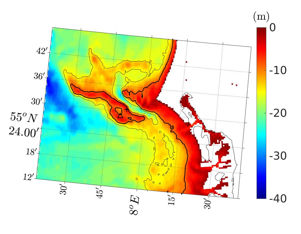 (a) (b) Figure 28: (a) Bathymetry around Horns Rev I where cross and triangle mark the positions of M2 and buoy, respectively.