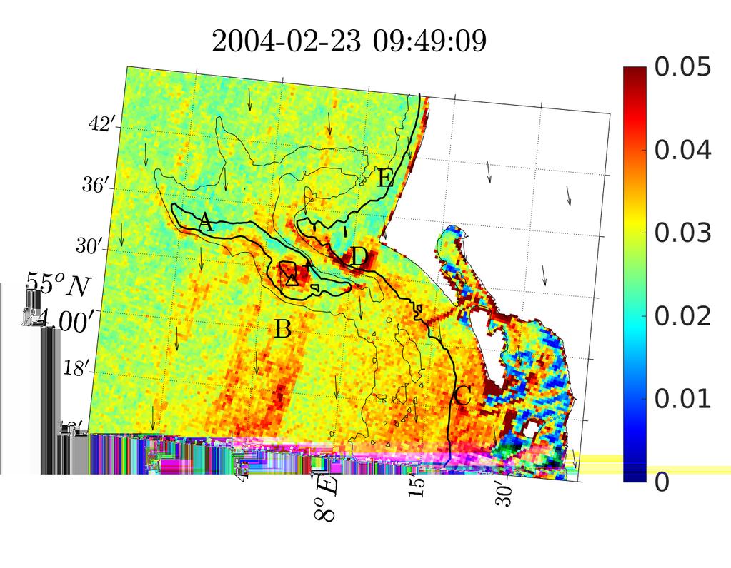 Letters A to E represent areas where the backscatter is larger or smaller than surrounding areas. Black arrows show the 10 m wind vectors from the CFSR data. A copy of Fig. 8.1 in [25].