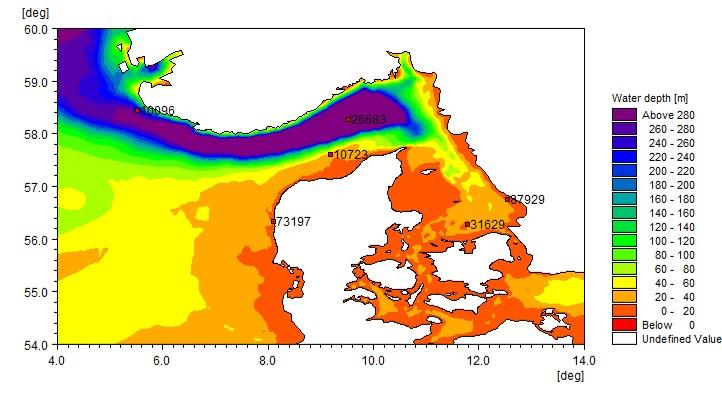 Figure 56: Sample locations around the Danish waters used to assess the extreme analysis. The numbered point represents the grid element number within MIKE 21 SW for the corresponding location depths.