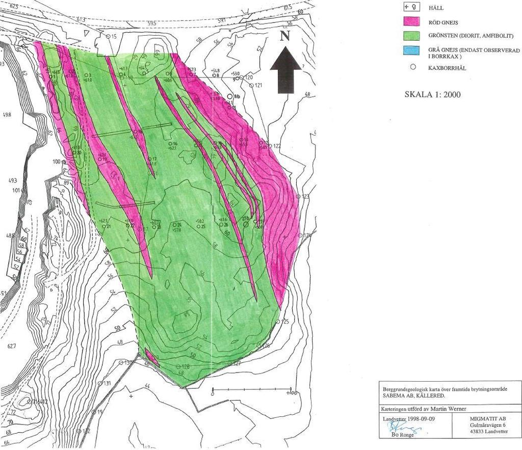 Fig. 3. Top - Previous geological map of the Kållered (Hersvik 1999). Centre example rock chip logs from area east of the quarry (Ronge 1998). Bottom map of area east of the quarry (Ronge 1998).