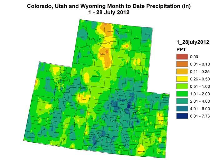 Fig. 1: July month-to-date precipitation in inches. Fig. 2: SNOTEL WYTD precipitation percentiles (50% is median, 21 30% is Drought Monitor D0 category).
