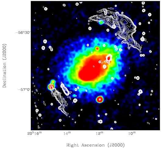The extended irregular X-ray structure indicates the presence of a recent cluster merger. This radio halo is one of the most powerful and extended halos known so far.