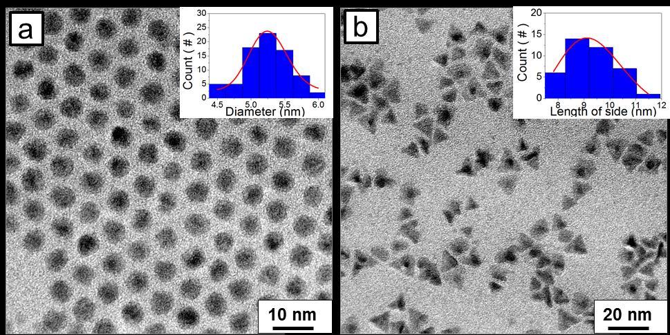 Fig. S6 TEM images of (a) PbSe/CdSe core/shell nanocrystals and (b) PbSe/CdSe/CdS core/shell/shell pyramid HNCs after CdS deposition via