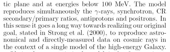 Optimized Model from Strong et al. astro-ph/0406254 Change spectral shape of electrons AND protons Probability of optimized model if χ2 measured in 360 sky directions and integrate data with E>0.