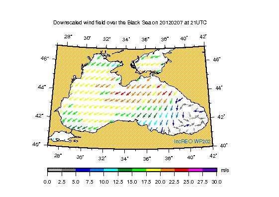 Downscaled wind field This map provides a snapshot of downscaled ERA-Interin ECMWF reanalyse