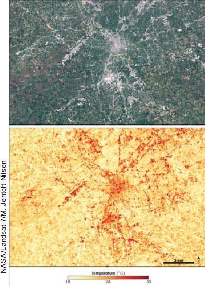 Satellite images of the urban heat island of Atlanta, Georgia (top-true colour; bottom- land