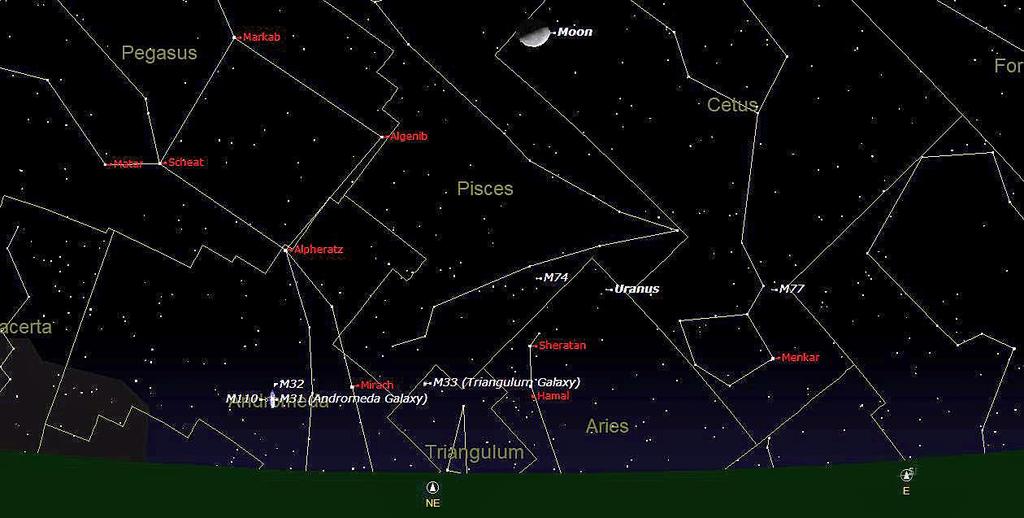 You can see Uranus in the constellation of Aries. To the left is the constellation of Andromeda and the Andromeda galaxy both rising. The Great Square of Pegasus is above them.