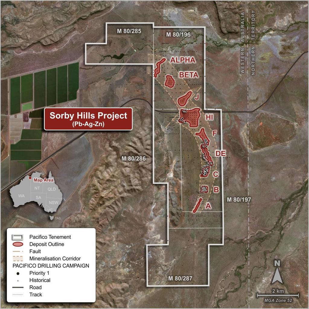 Figure 2. Sorby Hills mineralised corridor showing lead-silver deposits within a Global Mineral Resource Estimate totalling 16.5Mt @ 4.7% Pb, 0.7% Zn and 54 g/t Ag.