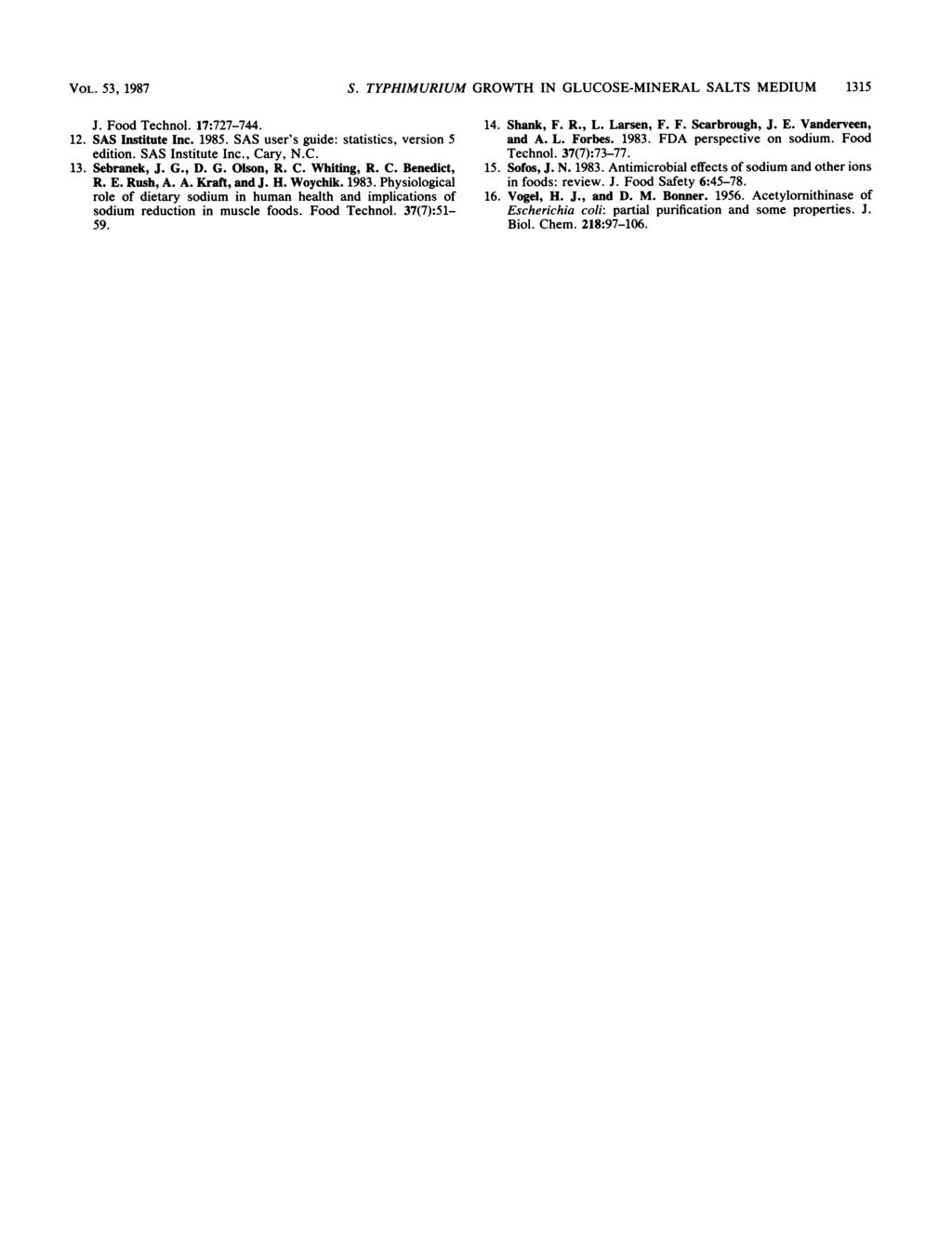 VOL. 53, 1987 S. TYPHIMURIUM GROWTH IN GLUCOSE-MINERAL SALTS MEDIUM 1315 J. Food Technol. 17:727-744. 12. SAS Institute Inc. 1985. SAS user's guide: statistics, version 5 edition. SAS Institute Inc., Cary, N.