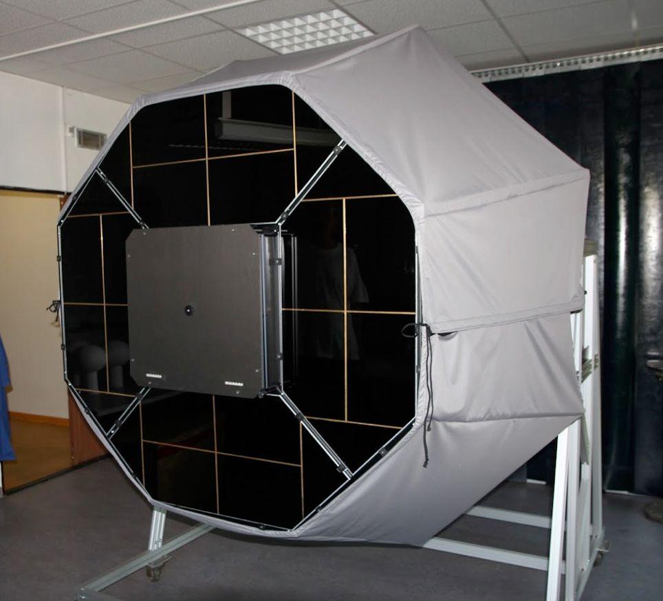 The telescope frame is covered with a shroud to shield the optical system from dust