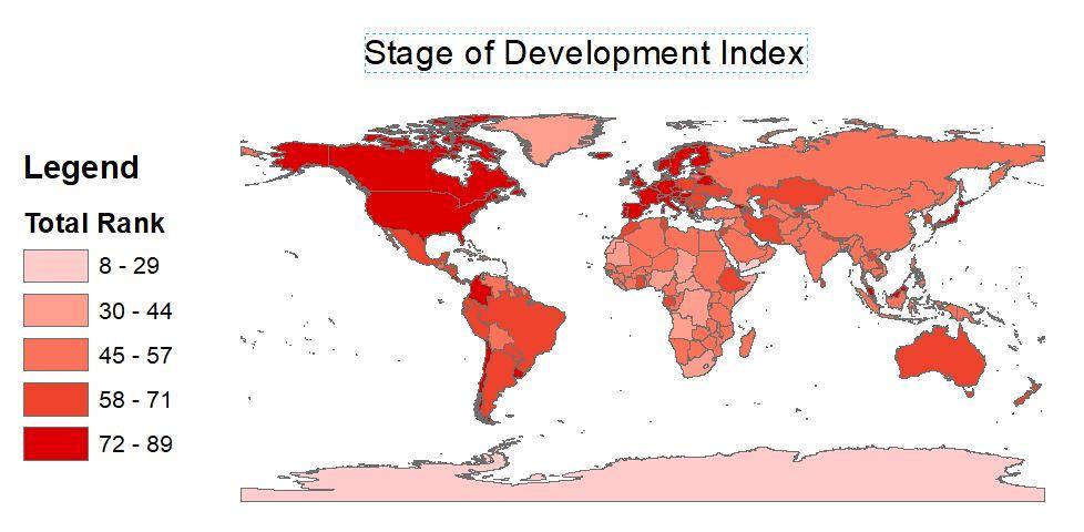 Conclusions: Top Countries: Finland - 89 Iceland - 89 Sweden - 87 Taiwan - 19 Hong Kong - 26 Yemen 29 As you can see from the map, many countries that did well on our world development index are