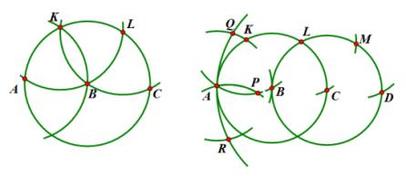 2. Konstruirajmo točku D koja je simetrična točki C s obzirom na pravac AB. S centrom u točki A povučemo kružni luk točkom C, takoder povučemo kružni luk s centrom u točki B.