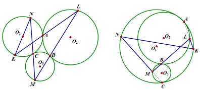 Zadatak 9. (Općinsko-gradsko natjecanje 1997, 1.razred) Tri kružnice s nepoznatim središtima, u parovima se dodiruju u točkama A, B i C. Koristeći jedno ravnalo konstruirajte središta tih kružnica.