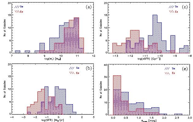 The Physical Properties of HCG galaxies M stellar ssfr SFR A V Late-type galaxies (S) have stellar masses (M stellar ) similar to early-type (E) systems 8 early-type galaxies display
