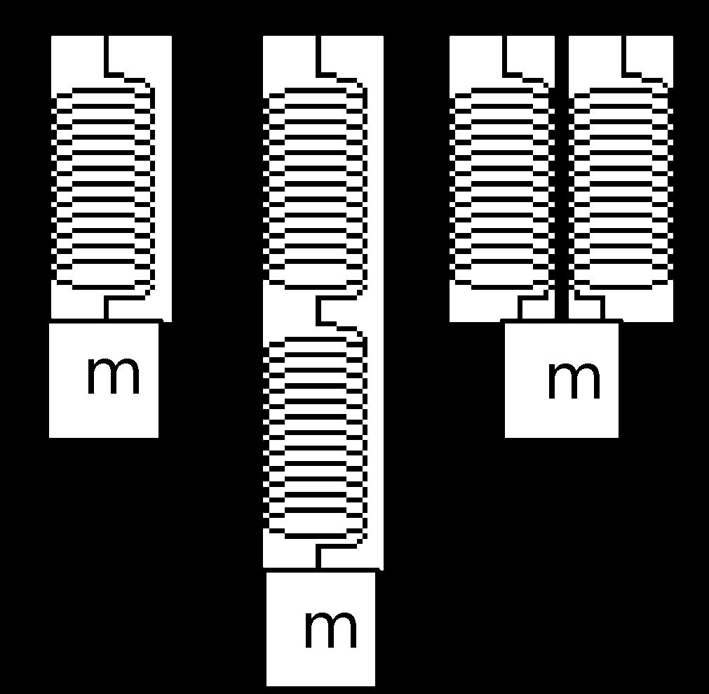4. Five identical springs and three identical masses are arranged as shown at right.. a. Compare the stretches of the springs at equilibrium in the three cases. Explain. b.