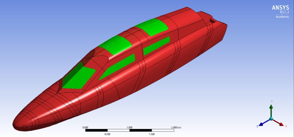 Geometry and Finite Element Mesh of the Suspension Boat Fuselage The CAD model of the suspension boat fuselage measures 6.53 m in length, 1.48 m in height, and 1.07 m in width.
