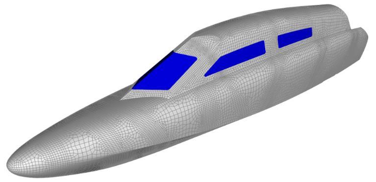 Figure 2.5-1: Window panels highlighted in blue II. Layups of the external composites structure Prior to this FEA study the external composite structure of the fuselage had been built.