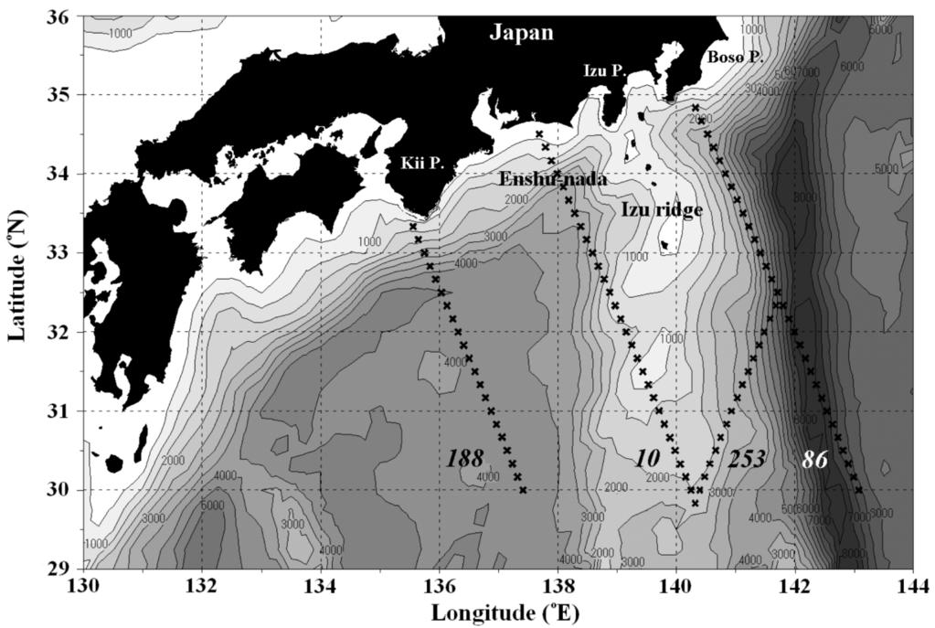 Fig. 1. Station locations for the R/V Soyo-maru cruises with topography south of Japan.