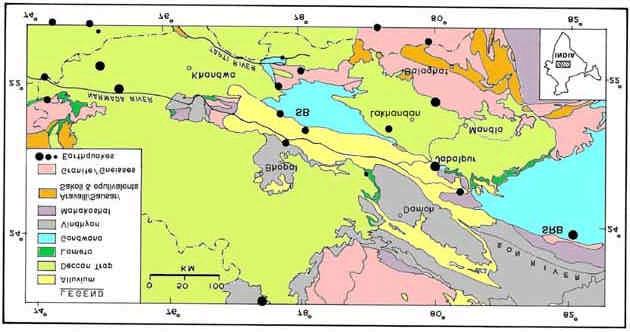 Figure 1. Geological map of central India showing the geological boundary of the Satpura Gondwana basin. SB, Satpura basin; SRB, South Rewa basin.