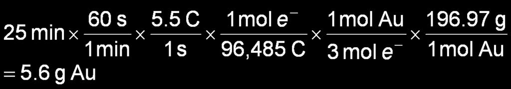 Example: Calculate the mass of Au that can be plated in 25 min using 5.5 A for the half-reaction Au 3+ (aq) + 3 e Au(s) Given: Find: 3 mol e : 1 mol Au, current = 5.