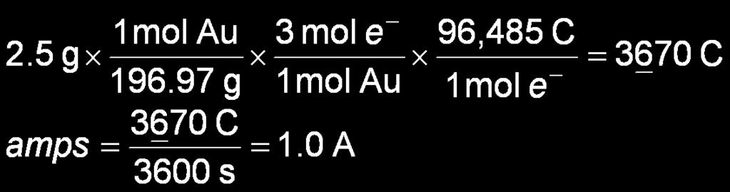 Practice Calculate the amperage required to plate 2.5 g of Au in 1 hour (3600 sec) Au 3+ (aq) + 3 e Au(s) Given: Find: 3 mol e : 1 mol Au, mass = 2.