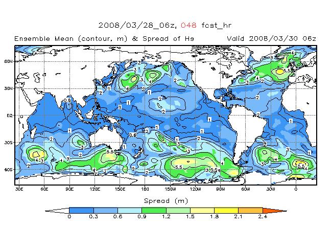 Fig.3 Global ensemble spread (shaded) and mean (contours) of the significant wave height for the old system (left panels) and the new system