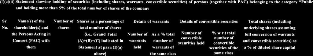 (I)(c)(ii) Statement showing holding of (including, warrants, ) of persons (together with PAC) belonging to the category "Public" and holding more than 5% of the total of the company Name(s) of the