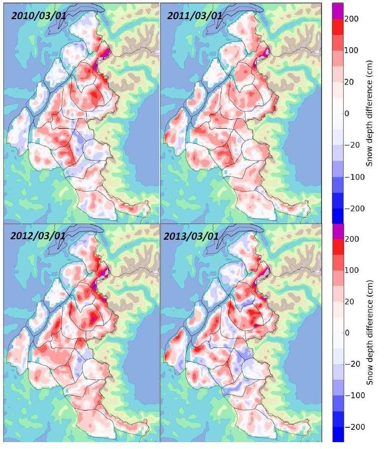 Figure 2 : Snow depth difference between AROME-2.5 km Crocus and SAFRAN Crocus on 1 March for the 4 snow seasons considered (domain covering the entire French Alps). 3.