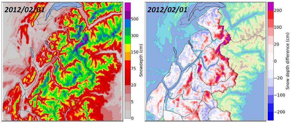Figure 3 : Simulated snow depth by AROME-500m Crocus (left) and snow depth difference between AROME-500m Crocus and SAFRAN Crocus (right) on 1 February 2012 (domain covering only the Northern French