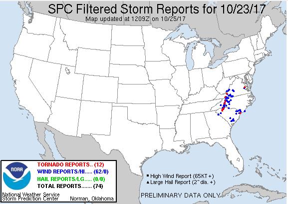 Severe Weather North Carolina - FINAL Situation On October 23, 2017, severe weather impacted SC, NC, VA, and WV Preliminary reports of 12 tornado touchdowns and 62 wind reports Significant impacts