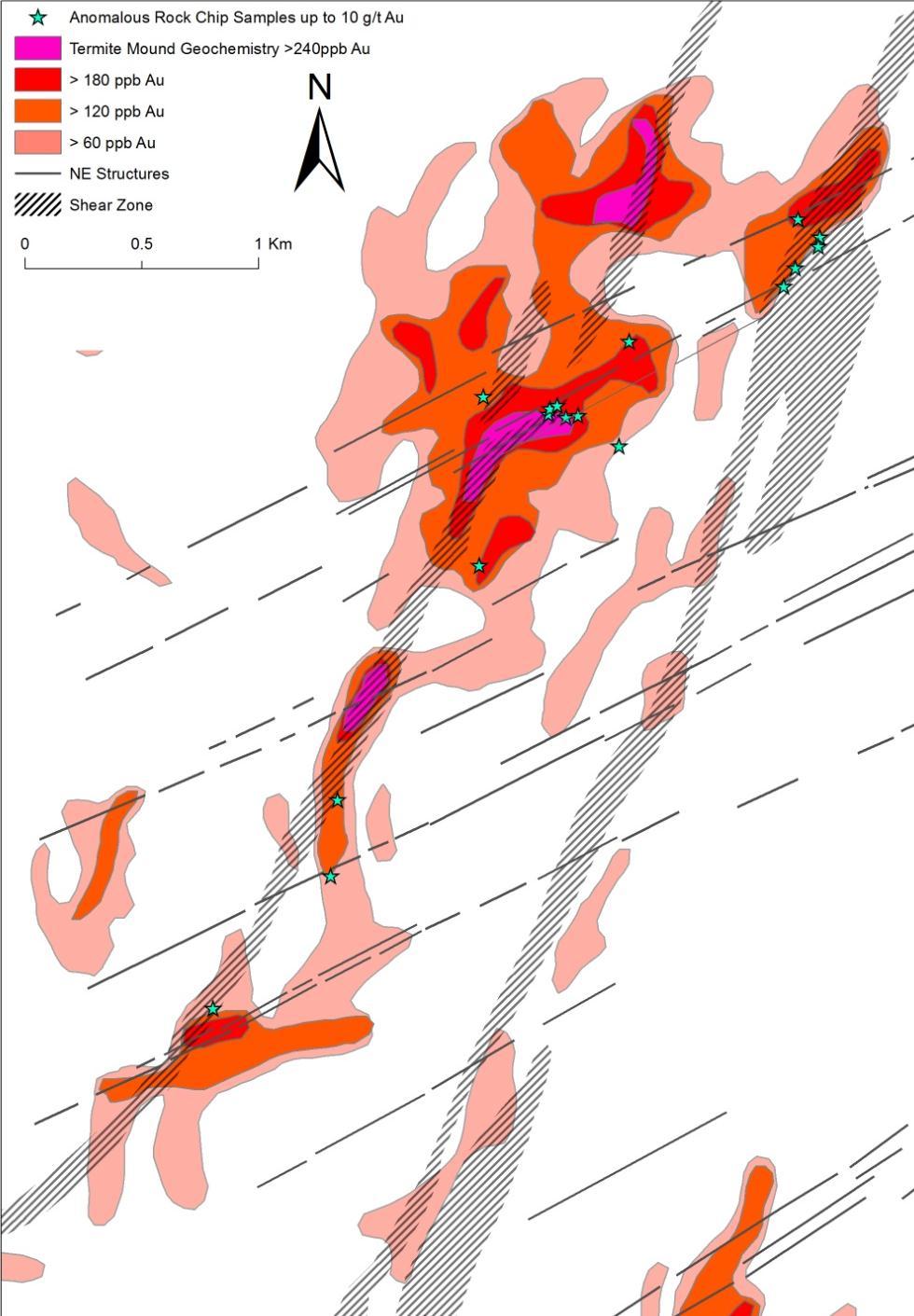Tourokhoto >5Km long, up to 1Km wide gold anomaly defined by termite sampling Parallels NE