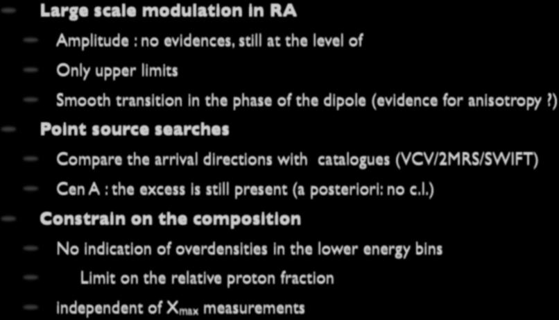Conclusion Large scale modulation in RA Amplitude : no evidences, still at the level of Only upper limits Smooth transition in the phase of the dipole (evidence for anisotropy?