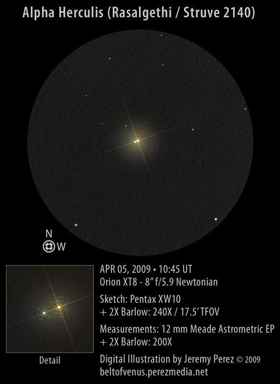 Alpha Herculis Double Star in Hercules What s Up Suggested Objects A really lovely double star with an orange primary and a blue/green companion.